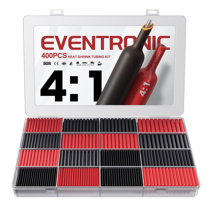 Eventronic 4:1 Heat Shrink Tubing Kit - 400 Pcs Adhesive Lined, Wire Shrink Wrap Tubing, Marine Grade Industrial Heat-Shrink Tubing, Black And Red - Image 1